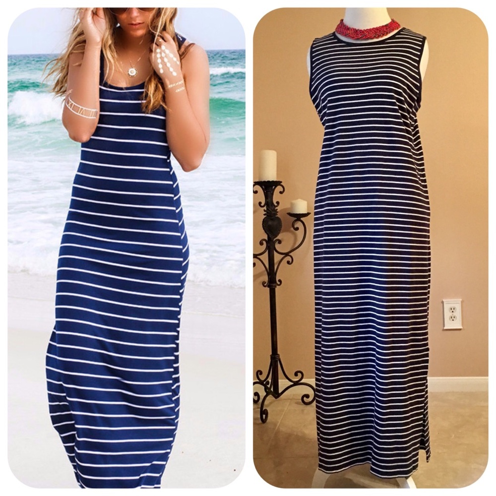 Navy and White Striped Sleeveless Maxi Dress